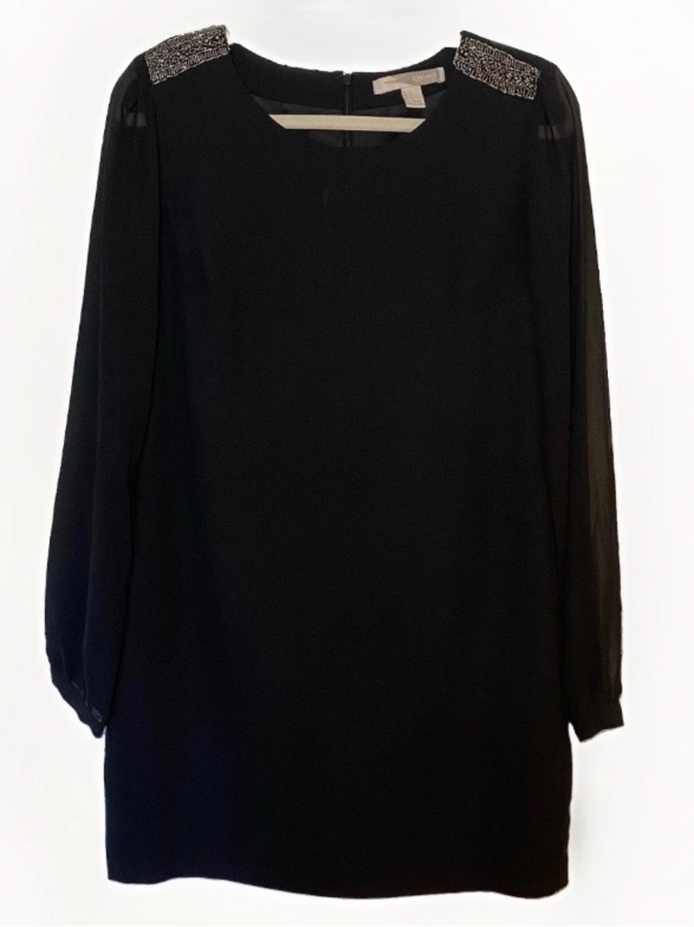 Forever 21 Small Dress Beaded Chiffon Long Sleeve Black Shift Sheer Cocktail